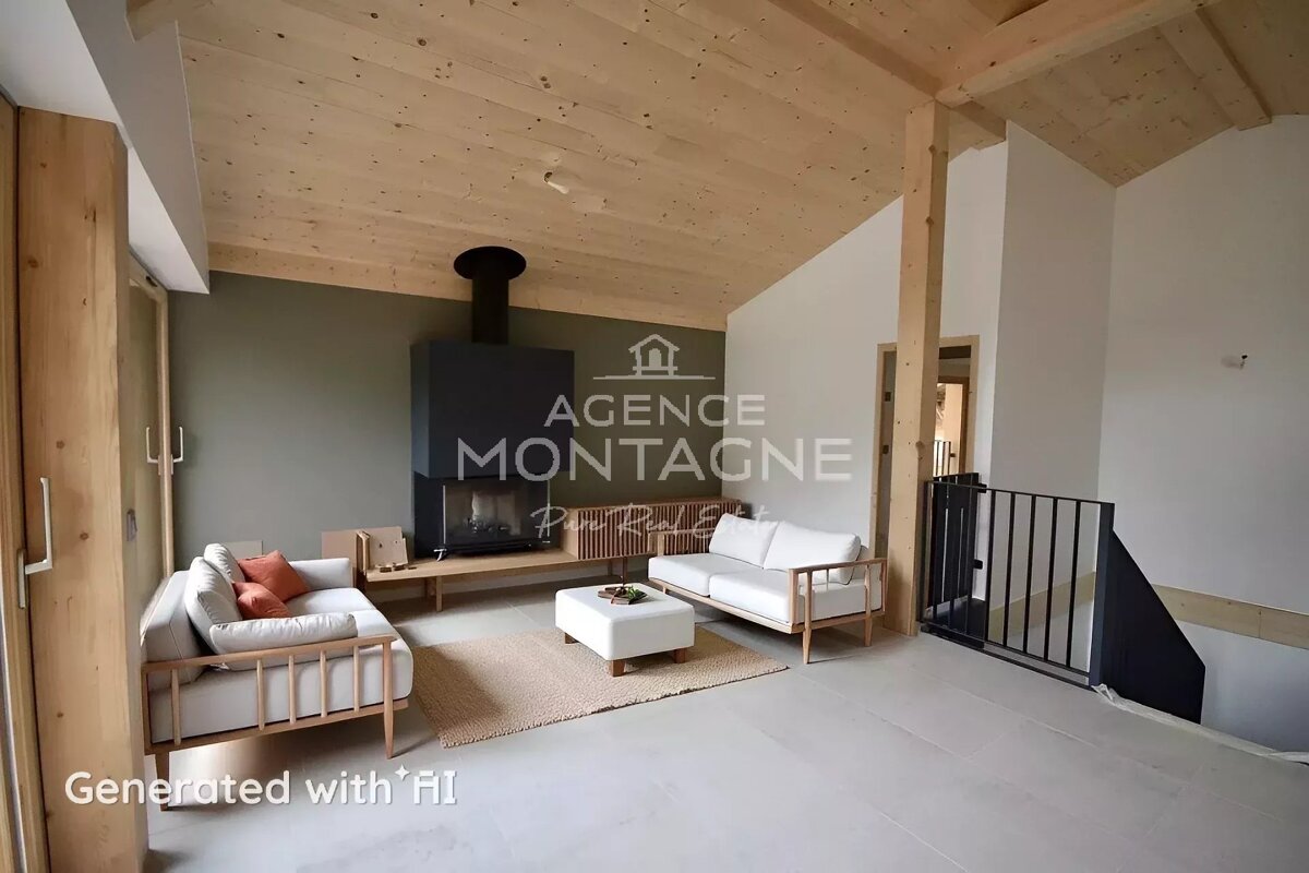 Modern chalet interior with vaulted wood ceilings, a sleek black fireplace, white sofas, and minimalist decor.