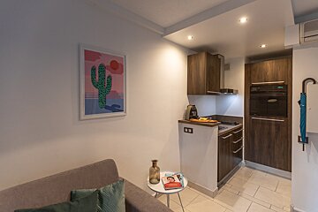 A kitchen with a picture of a cactus on the wall