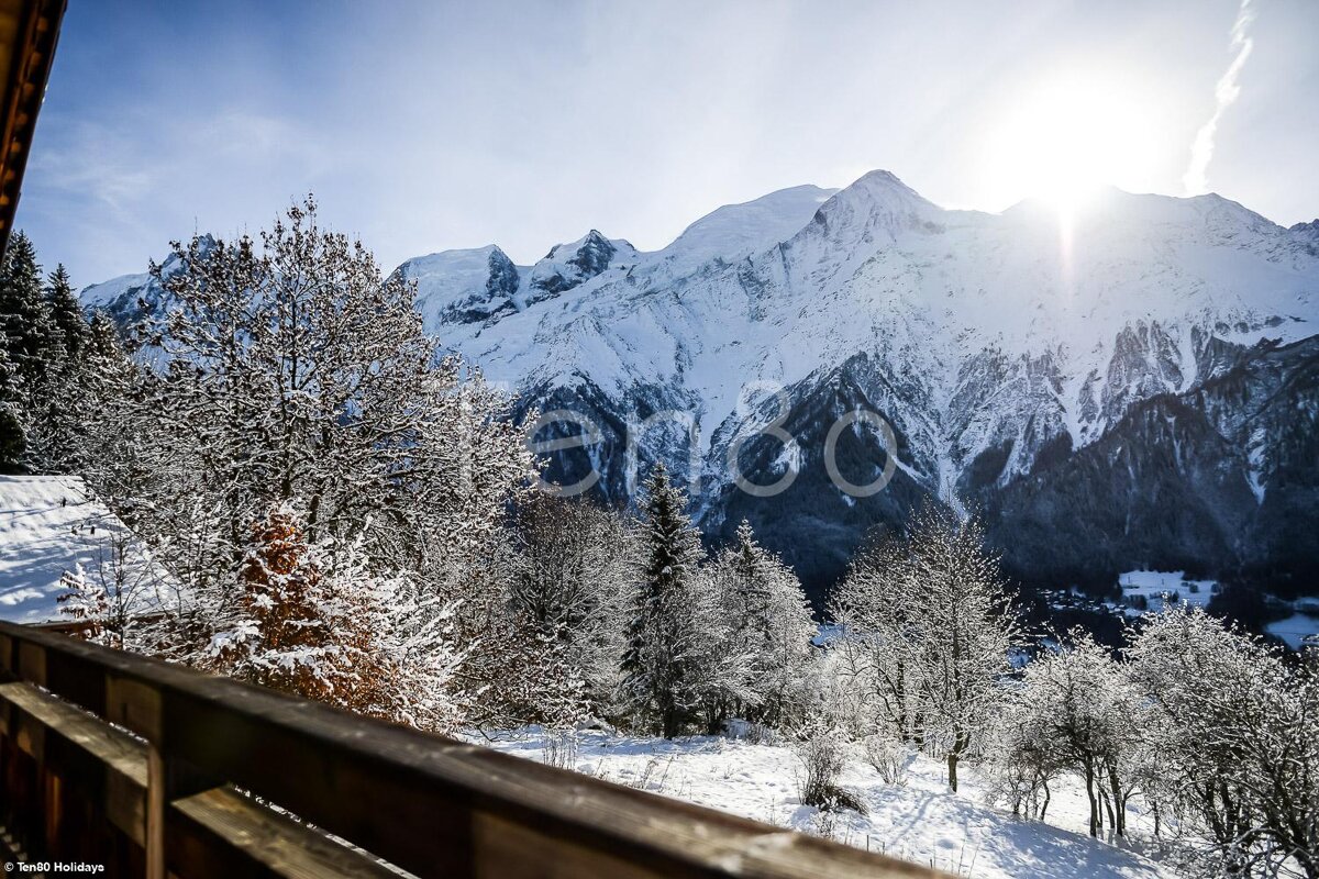 A view of snowy mountains and trees from a balcony