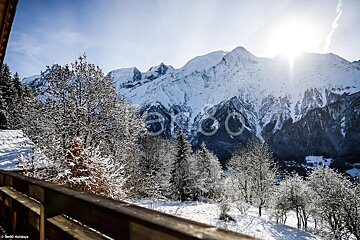 A view of snowy mountains and trees from a balcony