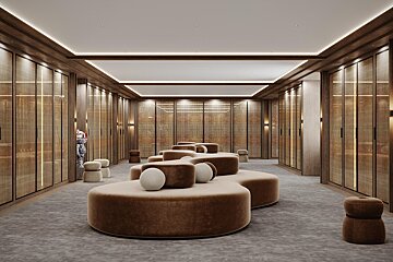 A room with a lot of ottomans in it