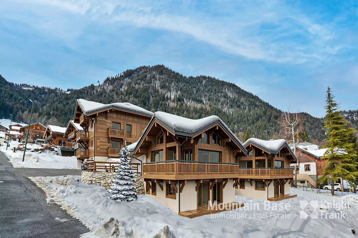 A mountain base real estate advertisement with a snowy mountain in the background