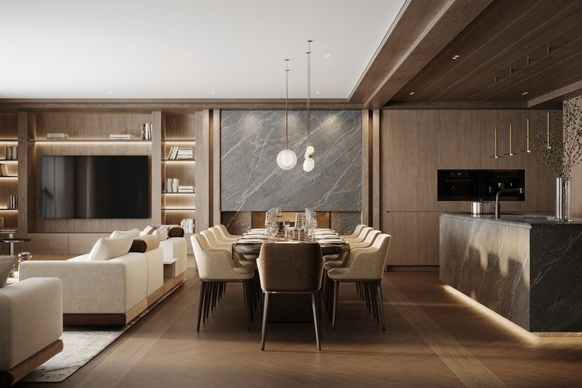 A sleek, modern open-plan living, dining, and kitchen space with wood paneling, marble accents, contemporary furniture, and ambient lighting.