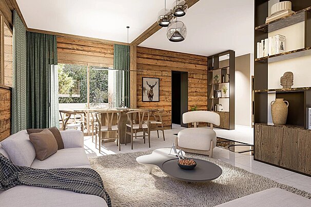 A modern, rustic-chic living and dining room with wooden walls, large windows, a white sofa, and a sleek dining set, bathed in natural light.