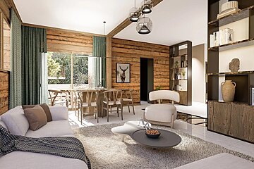 Cozy, modern-rustic living room with wooden walls, a dining area, large windows with green curtains, and stylish shelving.