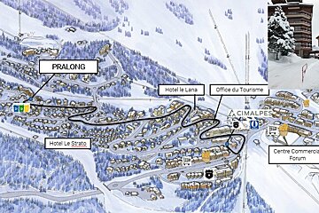 A map showing the location of pralong hotel le lana and cimalpes