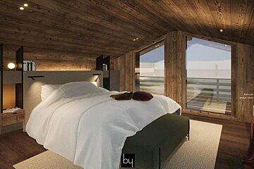 An artist 's impression of a bedroom with a bed and a balcony