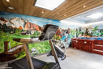 A treadmill in a gym with a painting of mountains on the wall