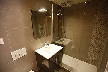 A bathroom with a sink and a walk in shower