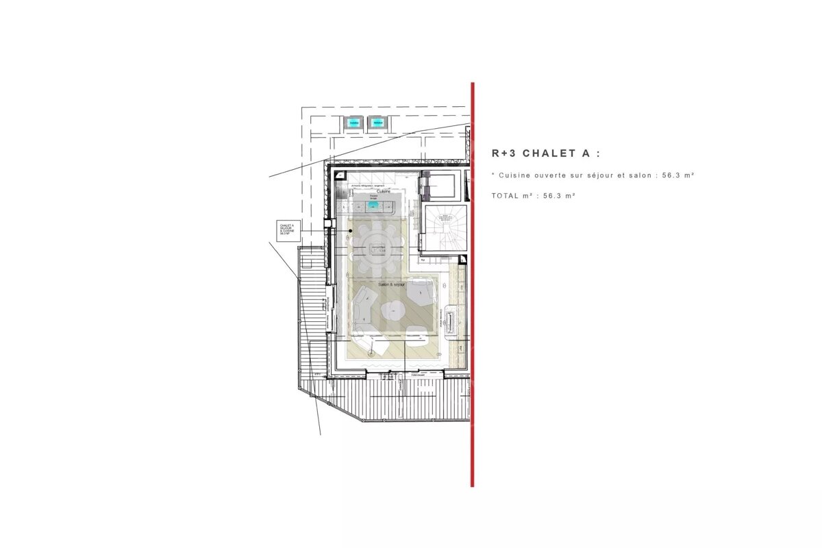 An architectural floor plan for Chalet A (R+3), detailing an open kitchen, living room, and salon layout with a total area of 56.3 m².