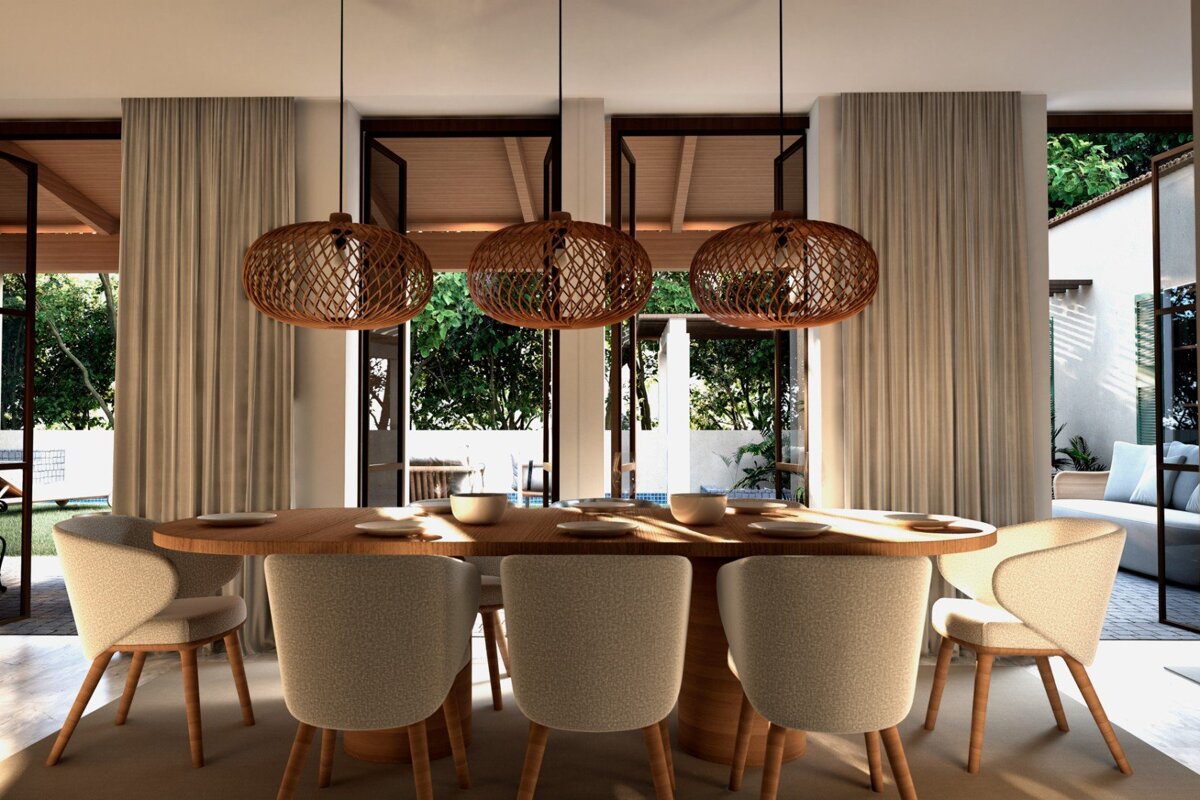 An artist 's impression of a dining room with a table and chairs