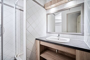 A bathroom with a sink and a large mirror