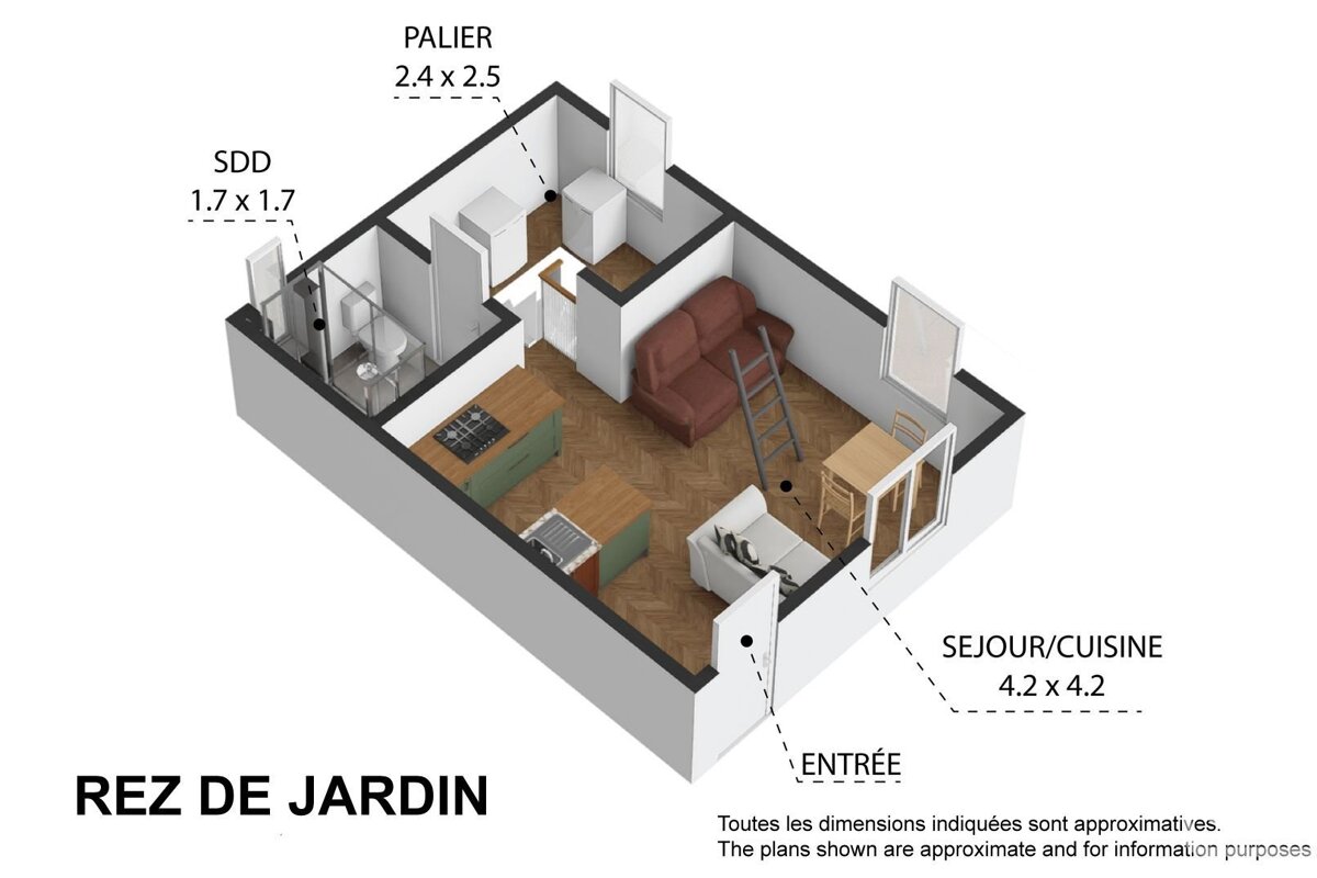 Isometric floor plan of a small apartment, featuring a combined living/kitchen, bathroom, and entrance. Includes furniture and labeled dimensions.
