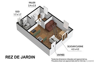 Isometric floor plan of a small apartment, featuring a combined living/kitchen, bathroom, and entrance. Includes furniture and labeled dimensions.