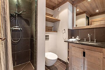 A cozy rustic bathroom with a dark-tiled shower, a white toilet, and a wooden vanity under a wood-paneled ceiling.