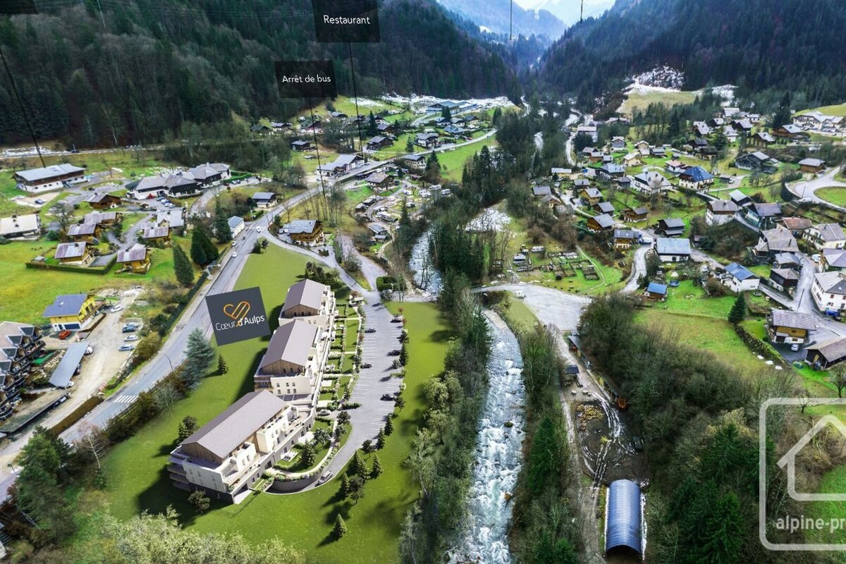 Aerial view of an alpine valley village with a river, new