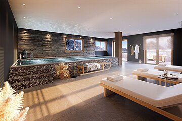 Modern indoor spa with a stone-walled pool, relaxing lounge beds, and views of snowy mountains.