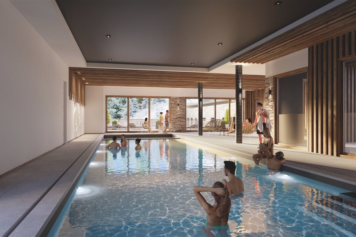 People relaxing in a modern indoor swimming pool at a luxury spa with wood paneling and large windows.
