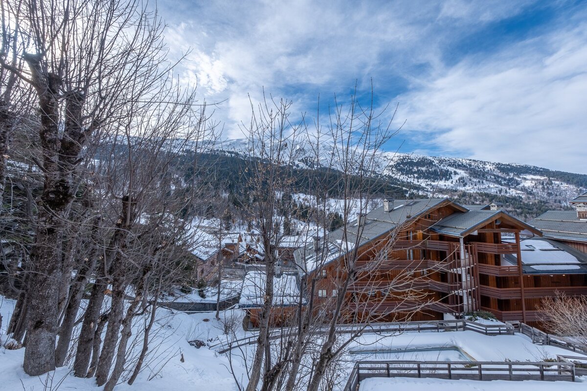 Winter scene of a mountain village with rustic wooden buildings, bare trees, and snow-covered peaks under a partly cloudy sky.