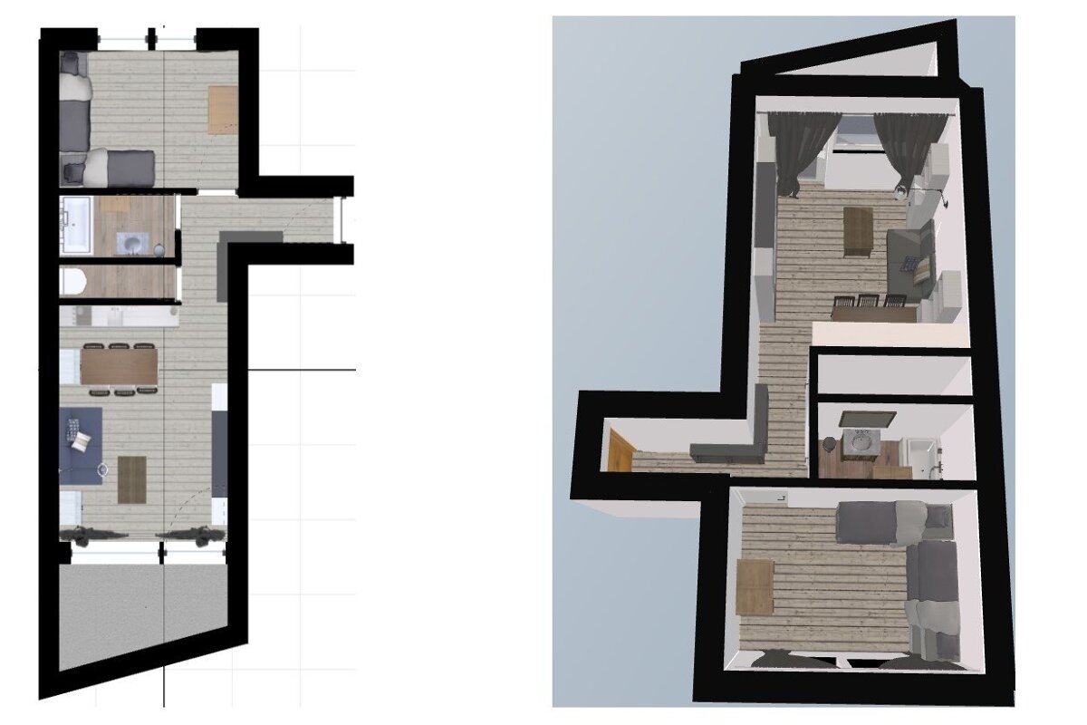 Two architectural floor plans: a 2D top-down and a 3D isometric view of a multi-room apartment layout with bedrooms, baths, and living areas.