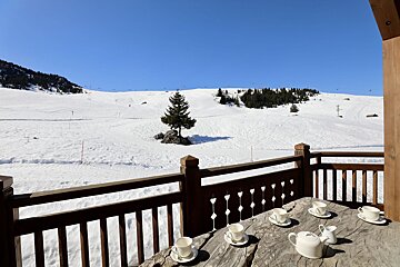 A balcony with a view of a snowy mountain