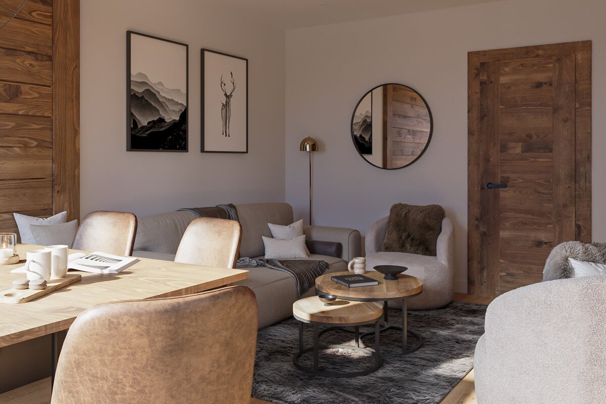 A living room with a couch a chair and a table