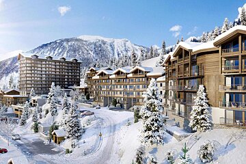 An artist 's impression of a ski resort in the mountains