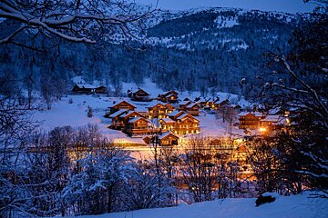 A snowy village with a lot of houses and trees