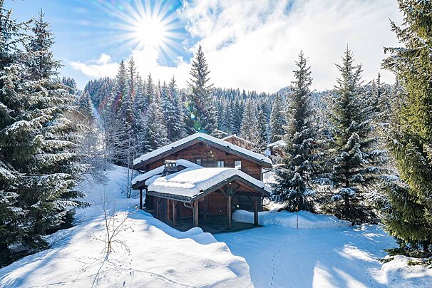 A snowy cabin in the middle of a snowy forest