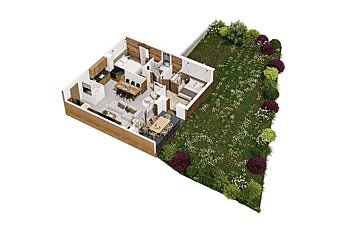 An aerial view of a house with a dining table and chairs