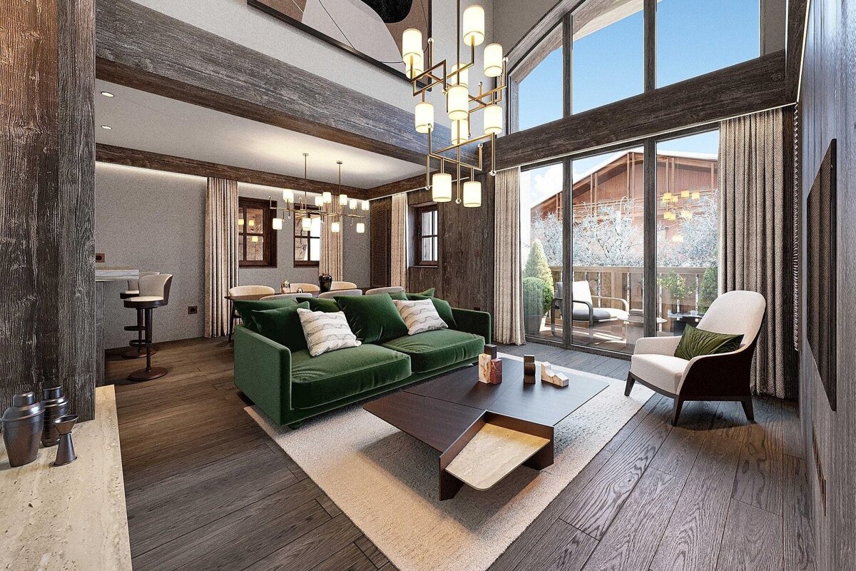 Elegant, modern chalet-style living room features a plush green sofa, large windows with a balcony view, warm wood tones, and striking lighting.