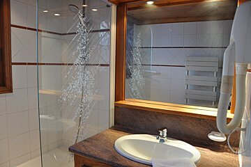 A bathroom with a sink a mirror and a shower