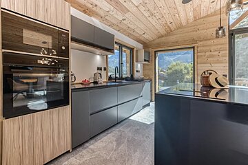 Modern cabin kitchen with sleek grey cabinets, wood-paneled walls, built-in ovens, a kitchen island, and scenic outdoor views.