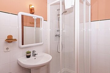 A bathroom with a sink a mirror and a shower