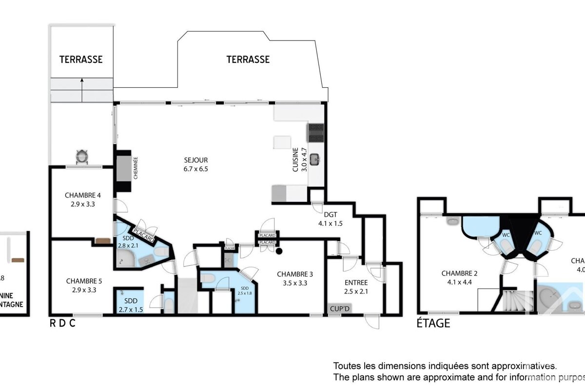 Floor plan layout in French, showing ground floor (RDC) with bedrooms and terraces, and upper floor (&Eacute;tage).