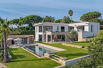 A luxurious modern villa with a large swimming pool, expansive green lawn, lush palm trees, and a stone pool house under a blue sky.