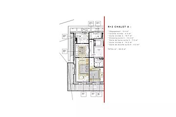 An architectural floor plan for Chalet A (R+2) displays detailed room layouts, including two guest suites, dressings, and bathrooms, with areas totaling 64.8 m².