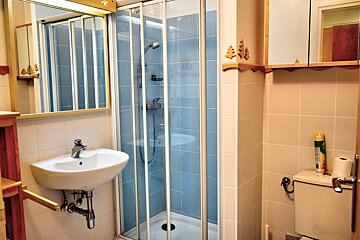 A bathroom with a toilet a sink and a shower stall