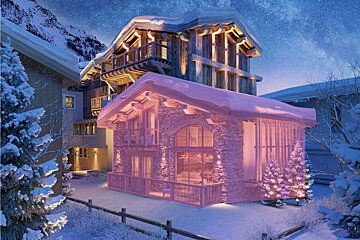 A snowy mountain landscape featuring wooden chalets illuminated in pink and gold lights under a starry night sky.