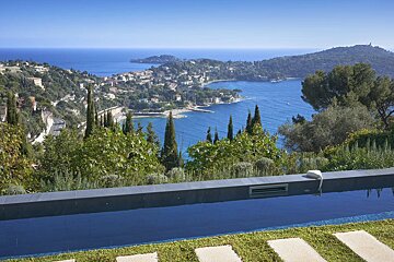 A stunning infinity pool overlooks a picturesque coastal town nestled along a vibrant blue bay, surrounded by lush green hills under a clear sky.
