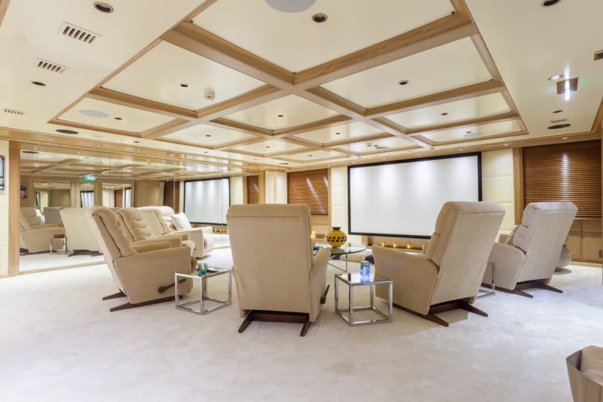 A large room with lots of chairs and a projector screen