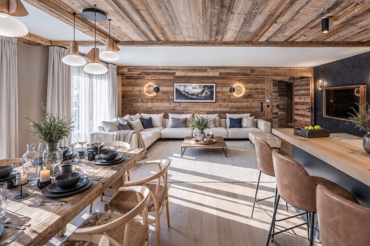 Cozy modern chalet interior featuring wood-paneled walls, a white sectional sofa, a rustic dining table, and leather bar stools.