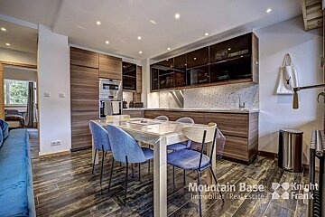 A kitchen with a table and chairs and a sign that says mountain base