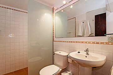 A bathroom with a toilet a sink and a mirror