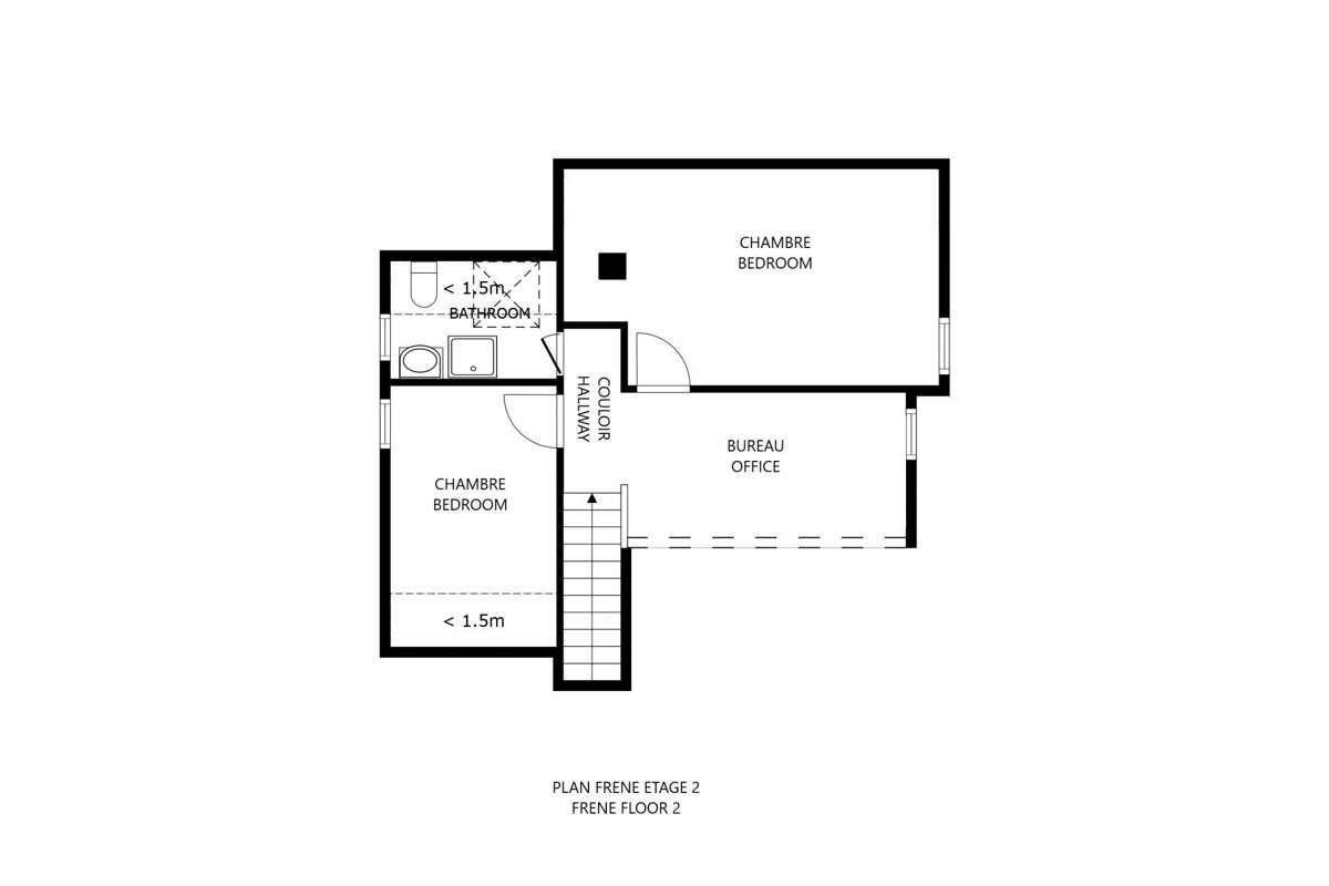 A floor plan for Frene Floor 2, featuring two bedrooms, a bathroom, an office, a hallway, and stairs.