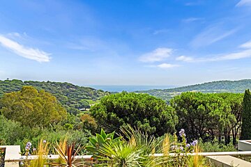 A view of the ocean from a balcony with trees in the foreground