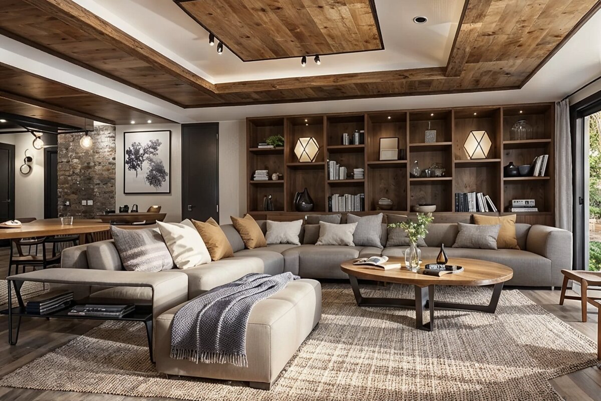 A spacious, modern living room featuring a large gray sectional sofa, impressive wooden ceiling, built-in bookshelves, and warm, earthy decor.