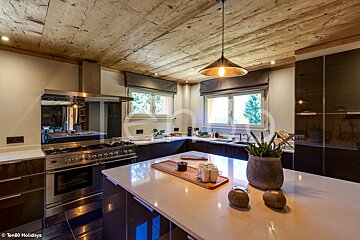 A kitchen with stainless steel appliances and a wooden ceiling