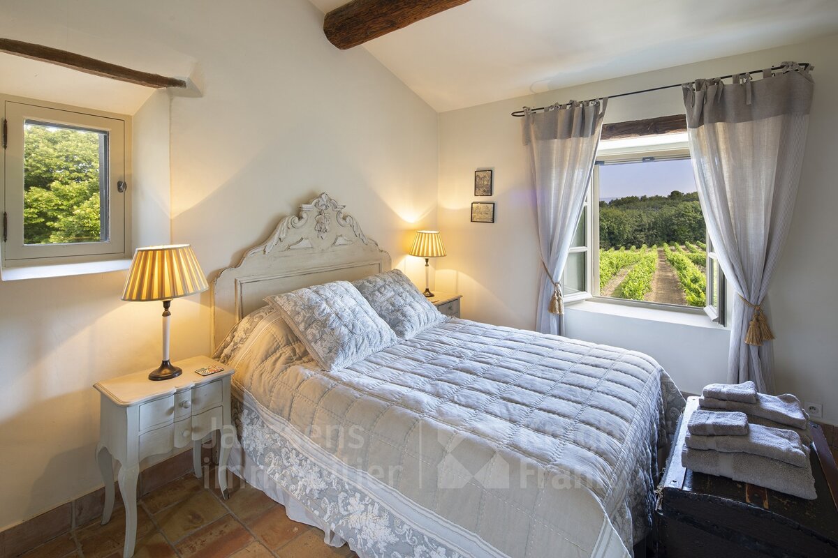 A bedroom with a large bed and a window with a vineyard in the background