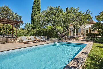 A house with a swimming pool in front of it